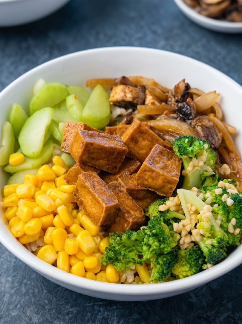 Close-up of a vegan bowl with tofu, corn, broccoli, celery, and onions.