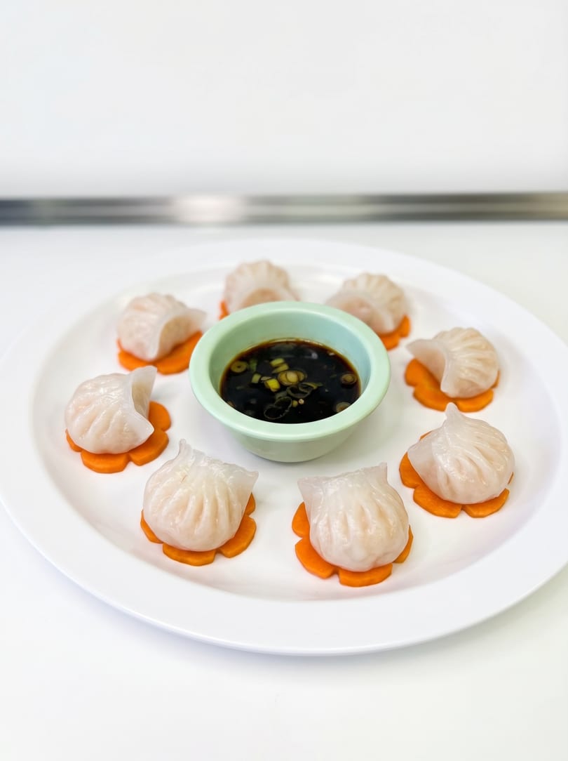 Seven steamed dumplings with translucent wrappers on carrot slices, surrounding a bowl of soy sauce.