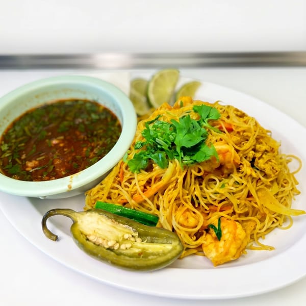 Shrimp Pad See Ew noodles with a side of dipping sauce, lime wedges, and a halved jalapeño.