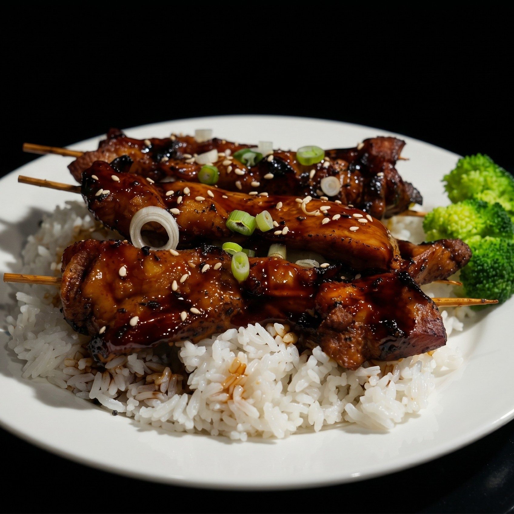 Teriyaki Chicken Skewers Over Rice.