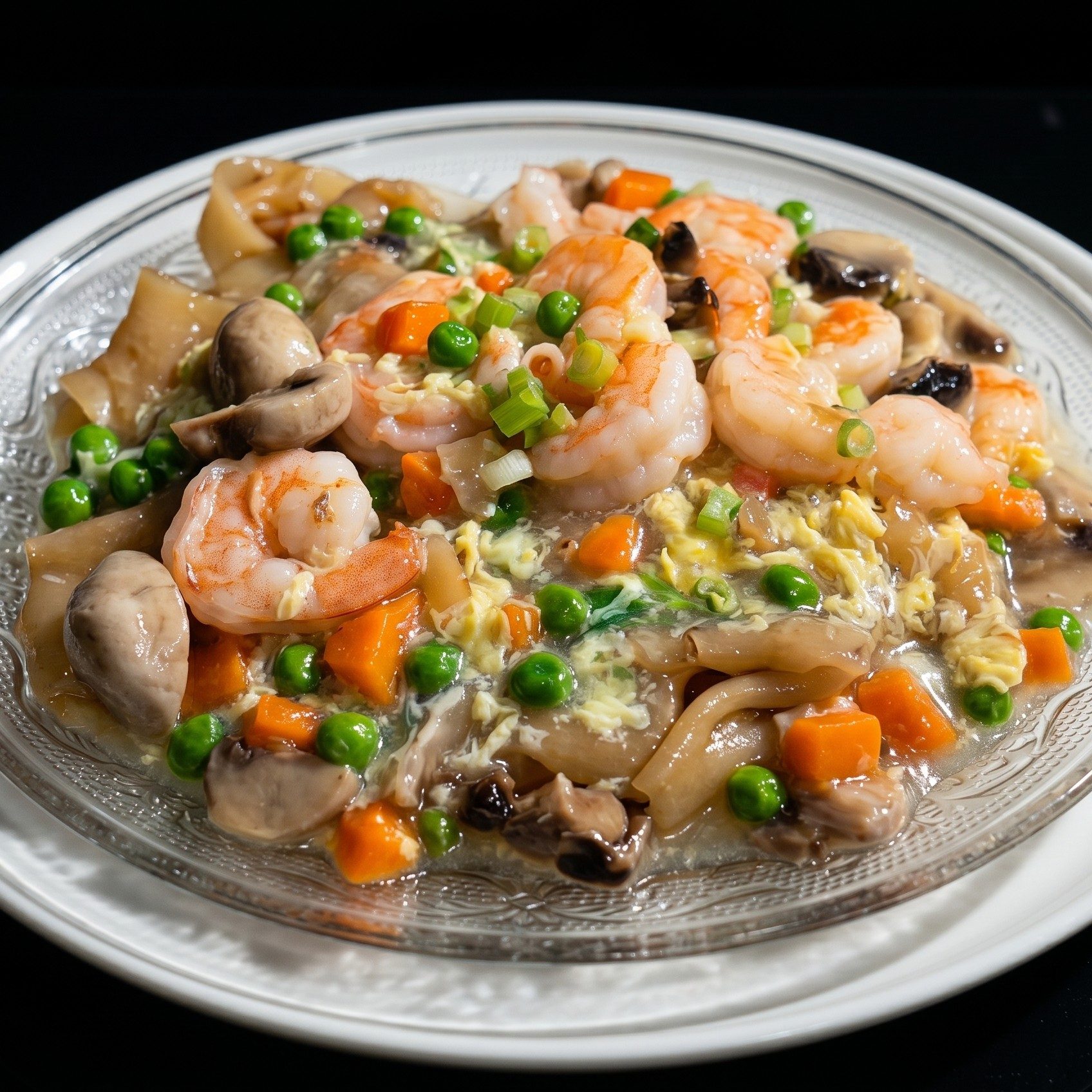 Shrimp Chow Fun in Lobster Sauce.