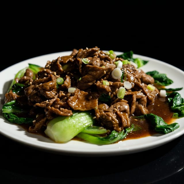 Baby Bok Choy with Beef in Brown Sauce.